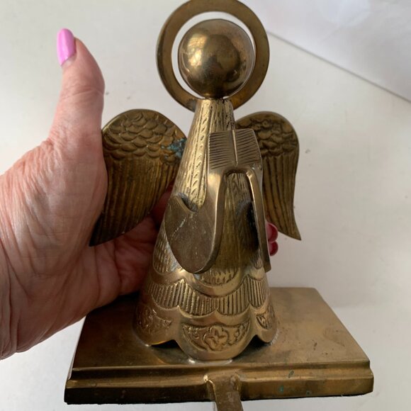 Vintage Brass 3D ANGEL Stocking Holder Mantel Hanger Long Arm India - Picture 10 of 10